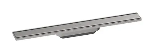 Edelstahl-Duschrinne von Hansgrohe mit einer langen, schmalen Form und glatter Oberfläche, zur Integration in Duschbereichen zur Wasserableitung.